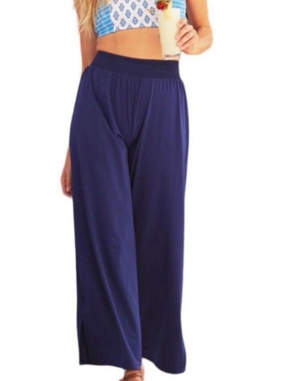 Cabana Life Palazzo Beah Pants XL Navy Wide Leg Pull On Smocked Waist Stretch